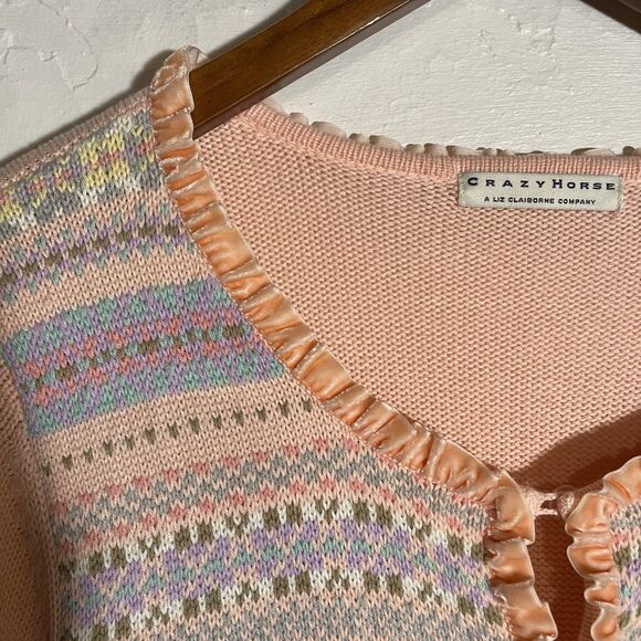 Retro Knit Pink Cardigan Velvet Trim Pastel Stripes L Crazy Horse Liz Claiborne - Picture 3 of 10